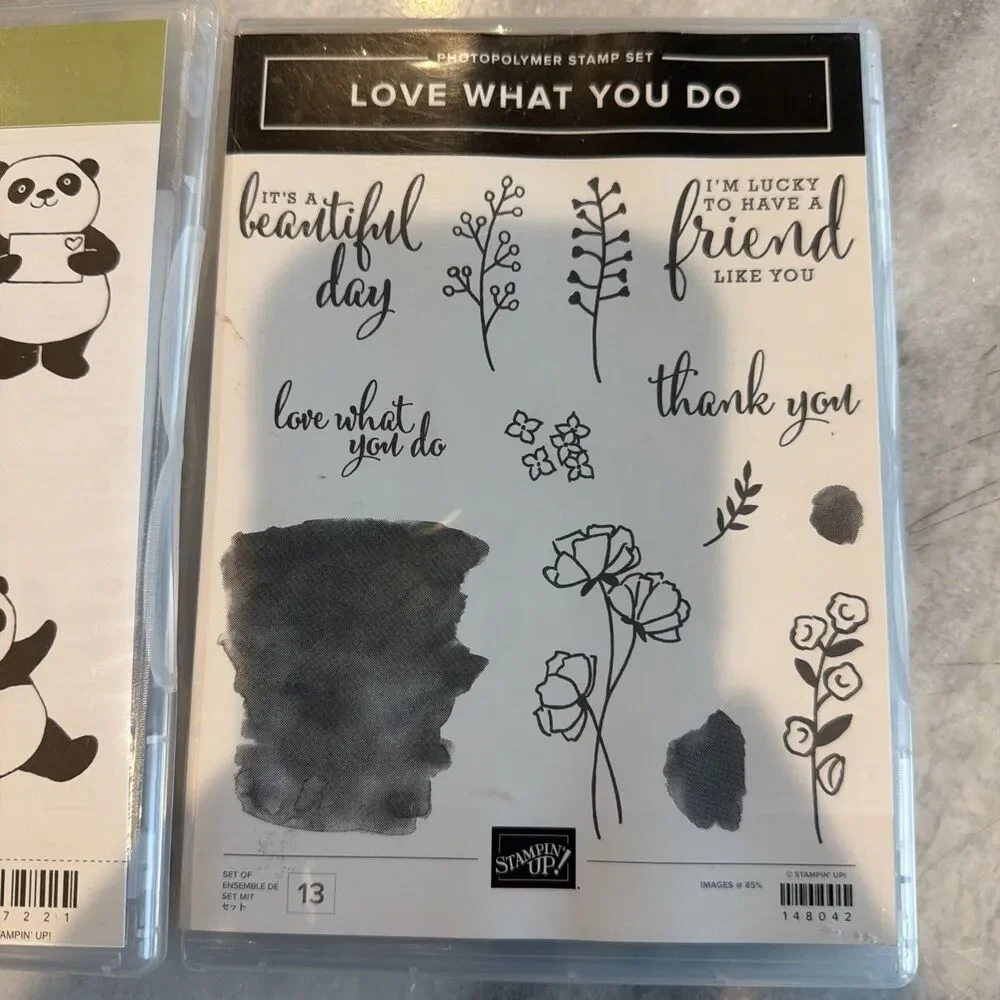 Stampin Up! Stamp Sets Party Pandas & Love What You Do Flowers Pandas Sentiments
